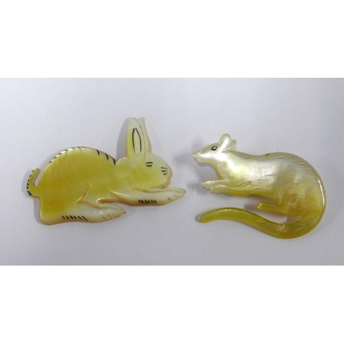 97 - Two vintage mother of pearl brooches, one the form of a rabbit the other a rat, (2)