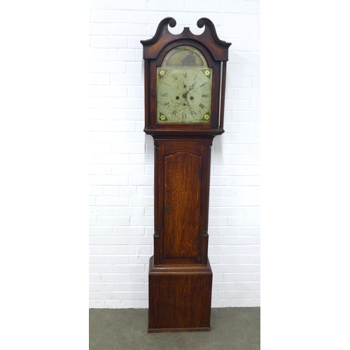 225 - 19th century oak grandfather clock, broken swan neck pediment over a painted dial with ship automato... 