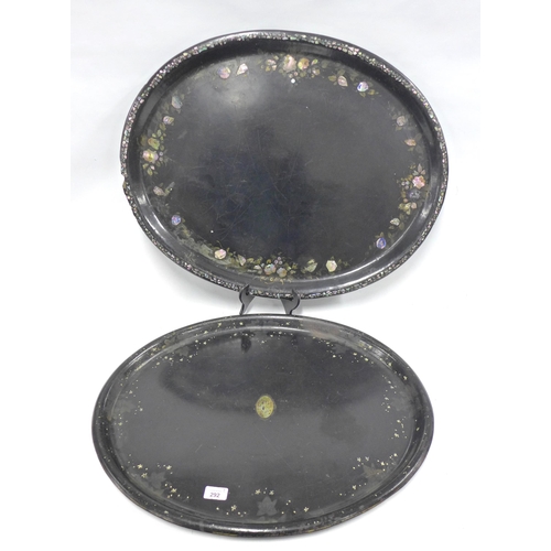 292 - 19th century toleware tray and a papier mache tray, (a/f chips to rim) , 76cm.