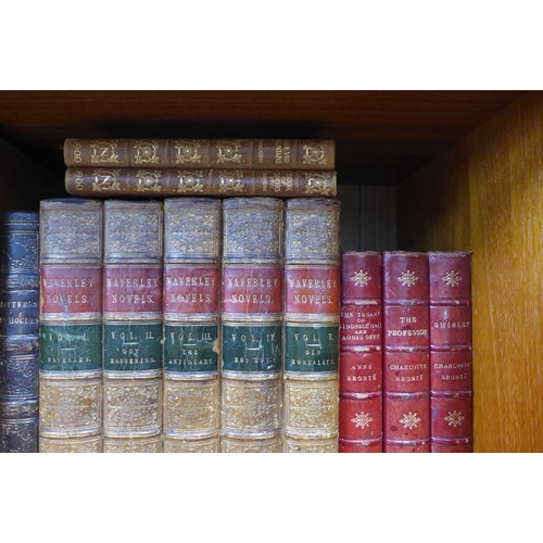 458 - Shelf of fiction and poetry books, including Waverley Novels 1 - 5, three Bronte books, The Pilgrim'... 