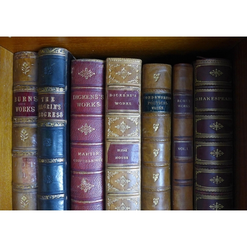 458 - Shelf of fiction and poetry books, including Waverley Novels 1 - 5, three Bronte books, The Pilgrim'... 