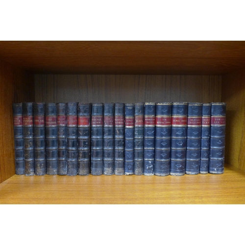 459 - Two sets of leather bound classic fiction books, 18cm