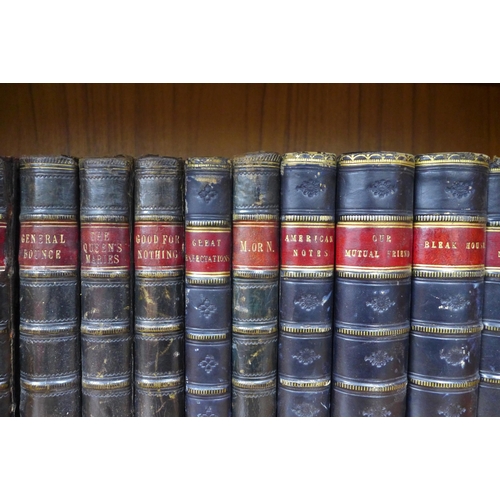 459 - Two sets of leather bound classic fiction books, 18cm