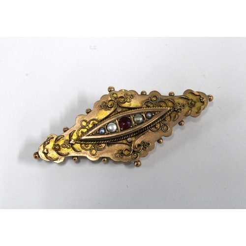 115 - An Edwardian 9ct gold seed pearl and ruby brooch, Birmingham 1902, Edwardian 10ct gold seed pearl ri... 