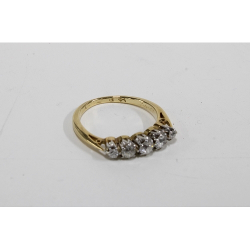 120D - Early 20th century diamond ring, set with five old-mine cut cushion shaped diamonds, set in yellow m... 