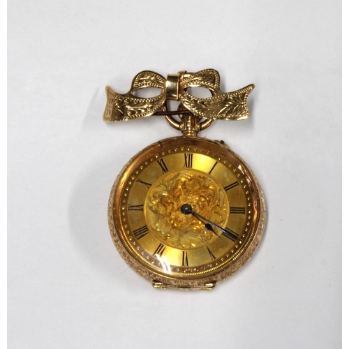 120G - Ladies 14ct gold cased fob watch, with a 9ct gold bow brooch