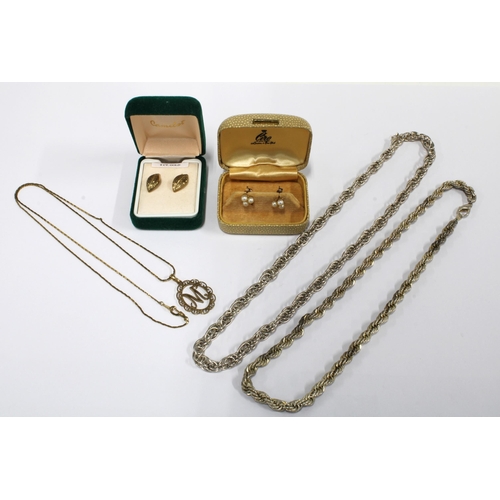 120M - 9ct gold M pendant on a gilt metal chain, two white metal chains and two pairs of earrings