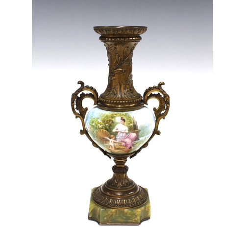 121 - French style bronze patinated spelter vase with porcelain body, on a green hardstone base, 28cm