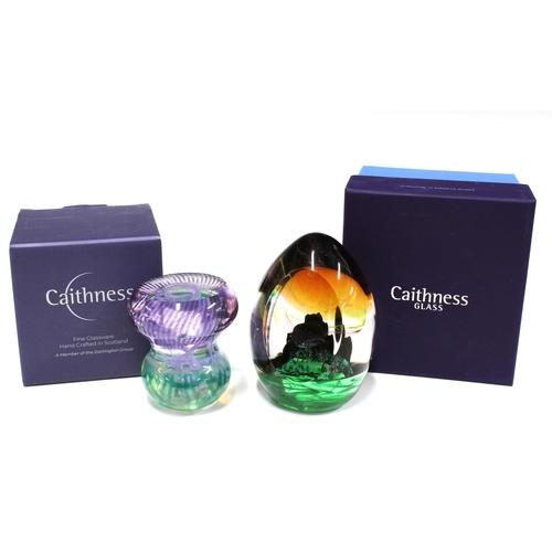 124 - Caithness Glass paperweights to include Edinburgh Castle , 12cm, together with a True Scot thistle p... 