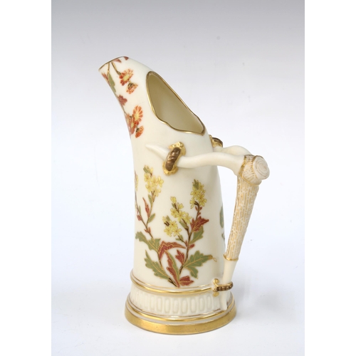 142 - Royal Worcester 'Old Ivory' tusk jug , with antler shaped handle and painted with flowers, 15cm