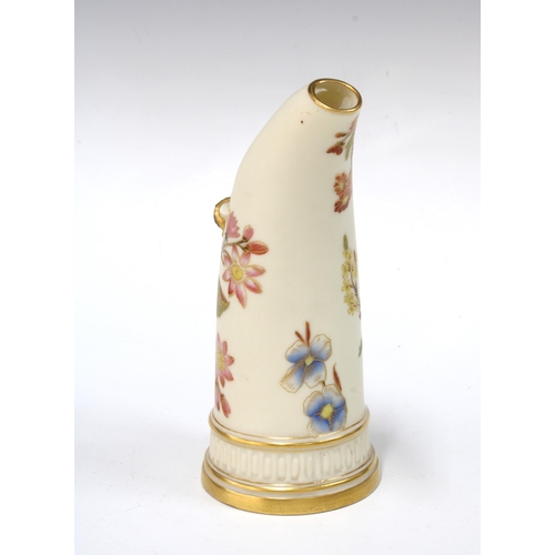 142 - Royal Worcester 'Old Ivory' tusk jug , with antler shaped handle and painted with flowers, 15cm