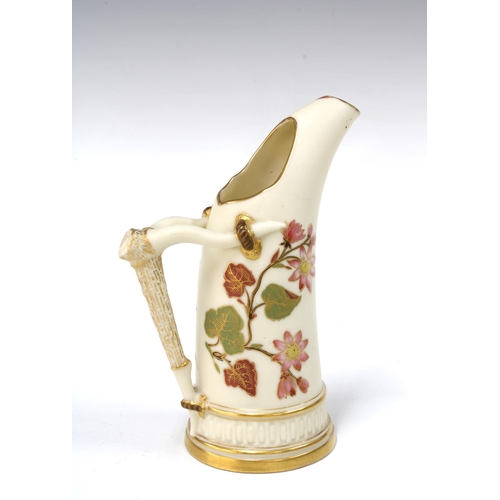 142 - Royal Worcester 'Old Ivory' tusk jug , with antler shaped handle and painted with flowers, 15cm