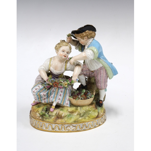 145 - Meissen allegorical figure group,  blue crossed swords mark and impressed F.93, 15cm