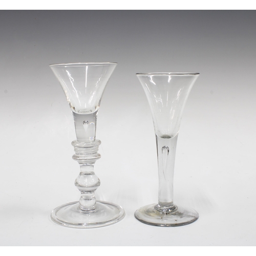 155 - A georgian baluster knop stemmed cordial glass with teardrop inclusion, 17cm, together with another ... 