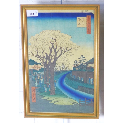 174 - After Hiroshige, a pair of Japanese woodblock prints, framed under glass, 23 x 35cm, another by Toyo... 