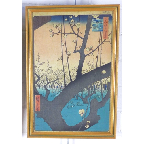 174 - After Hiroshige, a pair of Japanese woodblock prints, framed under glass, 23 x 35cm, another by Toyo... 