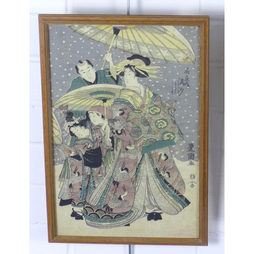 174 - After Hiroshige, a pair of Japanese woodblock prints, framed under glass, 23 x 35cm, another by Toyo... 