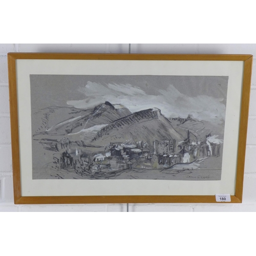 180 - IRENE SCOTT, DUMBIEDYKES AND THE CRAGS, EDINBURGH, signed mixed media, framed under glass, 47 x 27cm