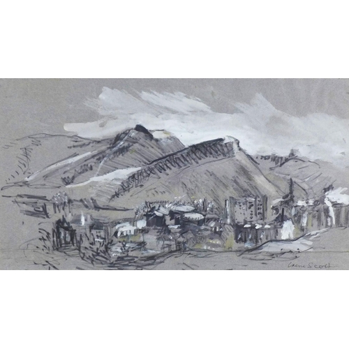 180 - IRENE SCOTT, DUMBIEDYKES AND THE CRAGS, EDINBURGH, signed mixed media, framed under glass, 47 x 27cm