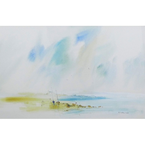 185 - KEN LOCHHEAD (SCOTTISH 1936 - 2006), MISTY SHORELINE, MORAY, signed watercolour, framed under glass,... 