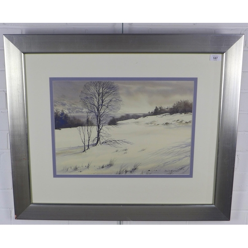 187 - DAVID GRAHAM, LOCH NESS - WINTER SKIES, signed watercolour, framed under glass, labelled verso, 50 x... 