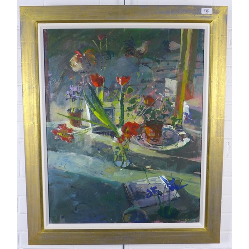 190 - RICHARD PIKESLEY, RWS, PPNEAC (b.1951), NTULIPS AND PASSING CHICKEN, signed oil on canvas, framed an... 