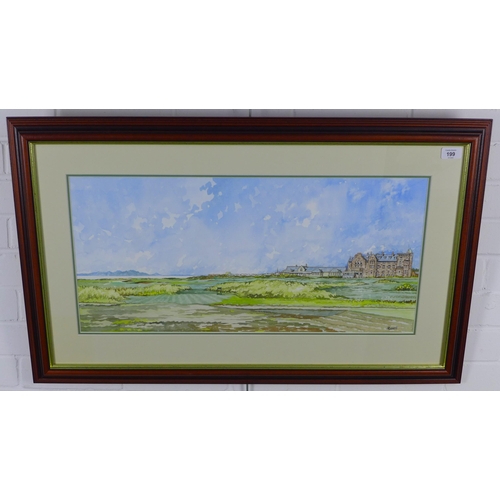 199 - RUSSELL, untitled watercolour of Troon Golf Club, signed and framed under glass, 68 x 32cm