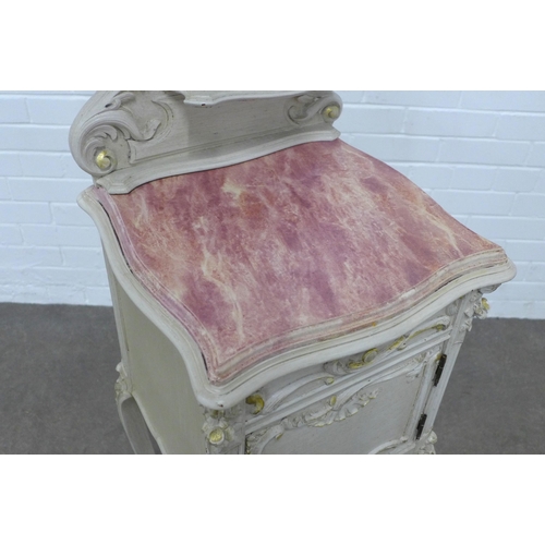 229 - French style grey painted bedside with a rouge hardstone top, 38 x 119 x 38cm.