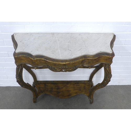 232 - Giltwood serpentine consol table with marble top, 96 x 84 x 32cm.