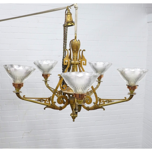 236 - Aesthetic Movement five branch brass chandelier,  originally gas lit, with later glass shades , appr... 