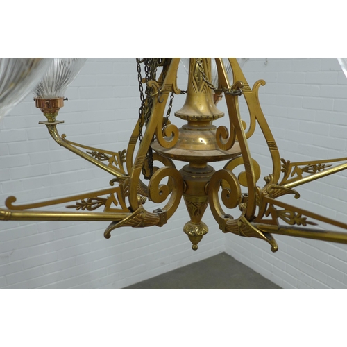 236 - Aesthetic Movement five branch brass chandelier,  originally gas lit, with later glass shades , appr... 