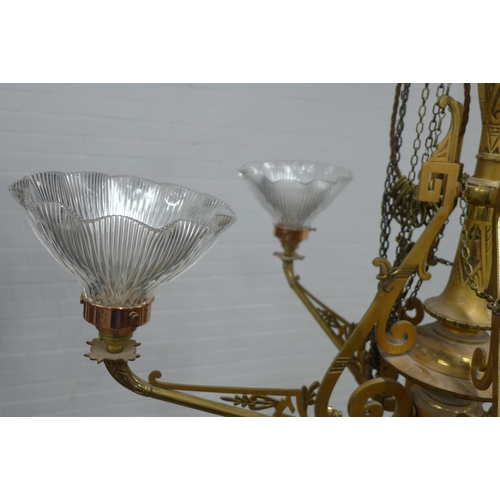 236 - Aesthetic Movement five branch brass chandelier,  originally gas lit, with later glass shades , appr... 