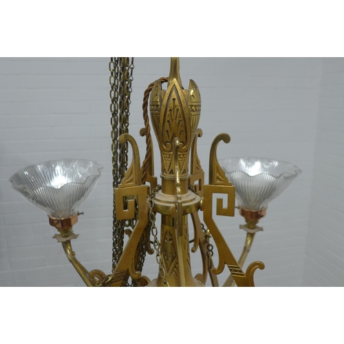 236 - Aesthetic Movement five branch brass chandelier,  originally gas lit, with later glass shades , appr... 