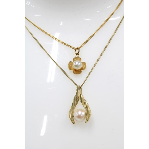 24 - Two 9ct gold pearl pendant necklaces, stamped 375 together with an unmarked yellow metal necklace an... 