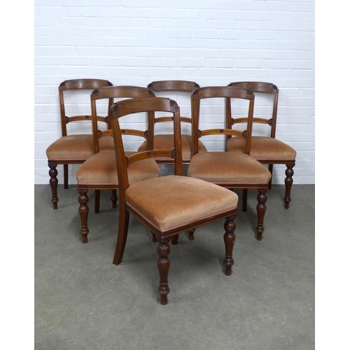 250 - Set of six mahogany chairs, the top rail with fan carved ends, incised horizontal splat, upholstered... 