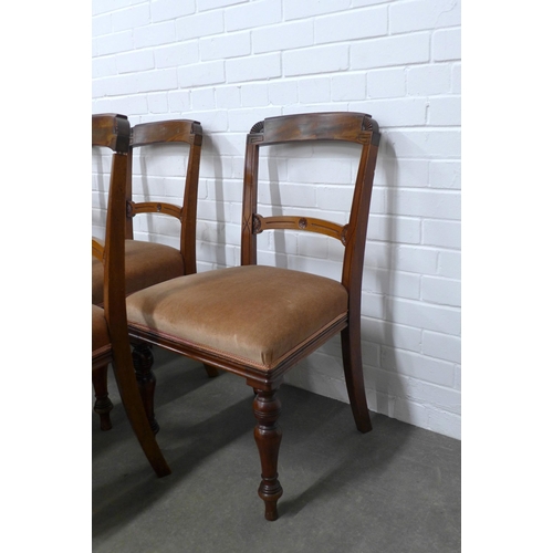 250 - Set of six mahogany chairs, the top rail with fan carved ends, incised horizontal splat, upholstered... 