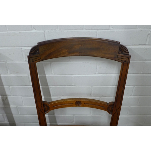 250 - Set of six mahogany chairs, the top rail with fan carved ends, incised horizontal splat, upholstered... 