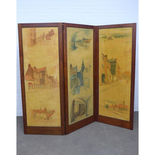 269 - Victorian mahogany and painted leather three fold dressing screen, panels depicting Aberdeenshire sc... 