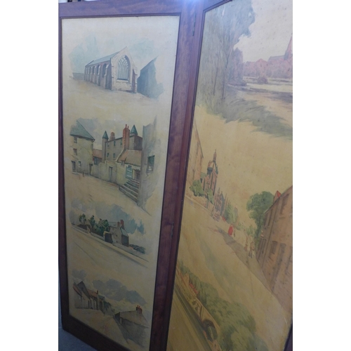 269 - Victorian mahogany and painted leather three fold dressing screen, panels depicting Aberdeenshire sc... 