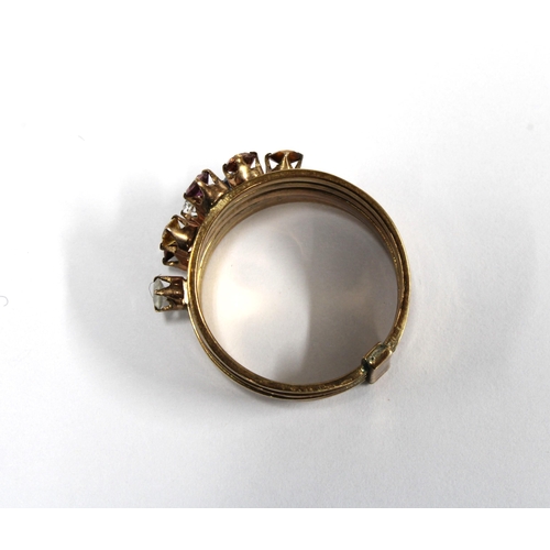 27 - A vintage gemset ring consisting of five gemset bands, stamped 14k