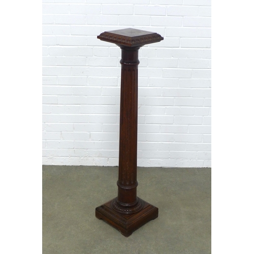 271 - Mahogany torchere stand, square top with stiff leaf carved border, fluted column, 25 x 119cm