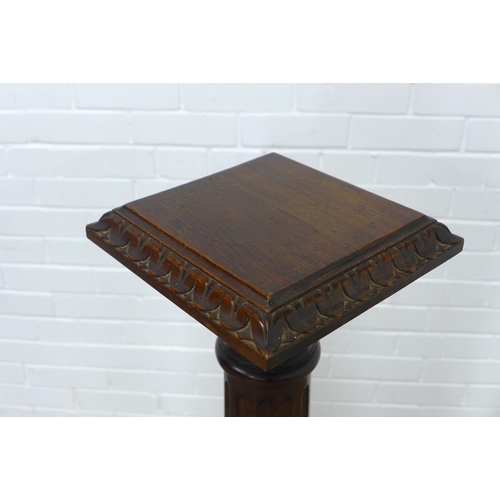 271 - Mahogany torchere stand, square top with stiff leaf carved border, fluted column, 25 x 119cm