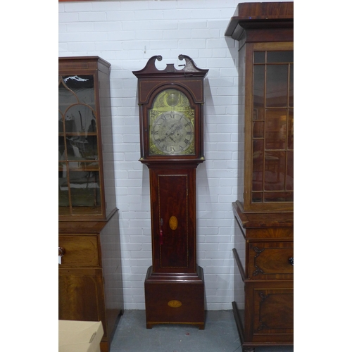 288 - 19th century mahogany and satinwood grandfather clock, broken swan neck over a brass and silvered di... 