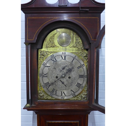 288 - 19th century mahogany and satinwood grandfather clock, broken swan neck over a brass and silvered di... 