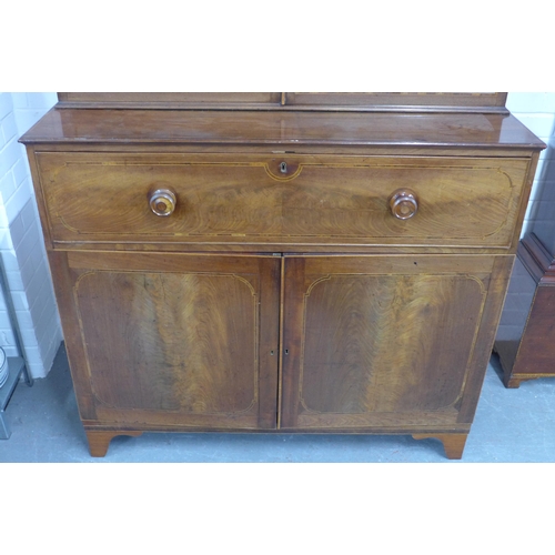 289 - Late Georgian mahogany bureau bookcase cabinet, moulded cornice above a line inlaid frieze, above a ... 