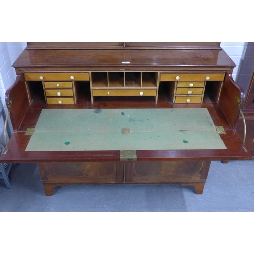 289 - Late Georgian mahogany bureau bookcase cabinet, moulded cornice above a line inlaid frieze, above a ... 