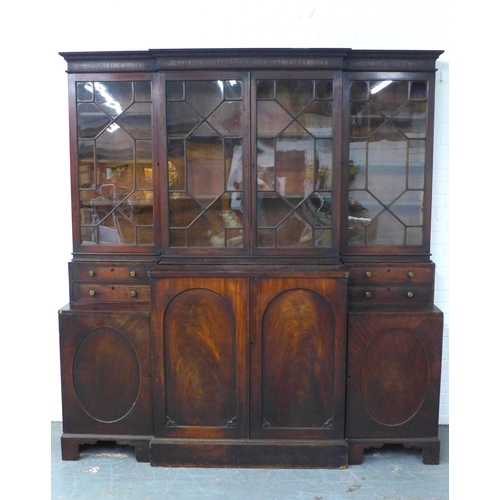 291 - 19th century mahogany breakfront library bookcase, the top of one cupboard door stamped Gillows Lanc... 