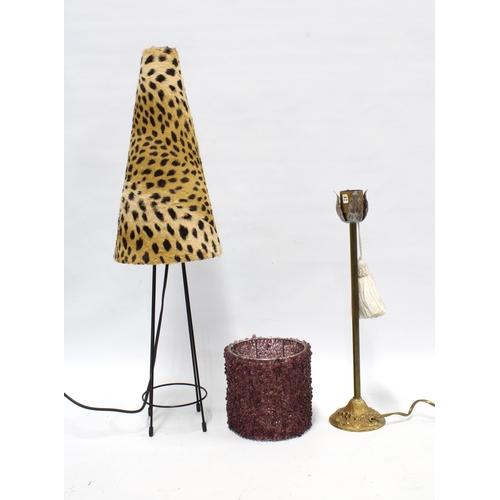 423 - A table lamp on hairpin legs, with faux leopard fur shade, 66cm, together with a brass table lamp an... 