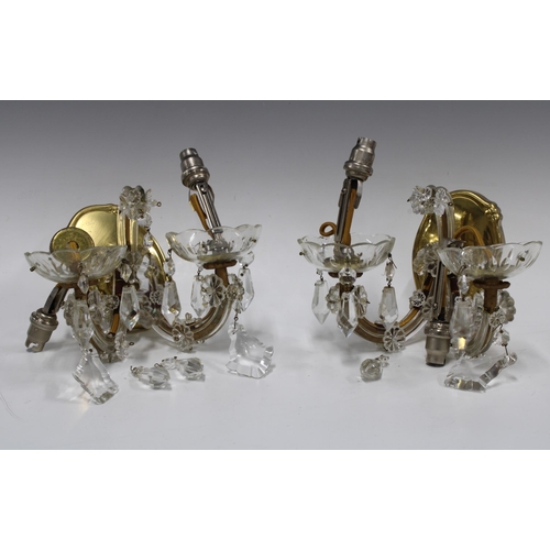 428 - Pair of brass and glass applique wall lights, with lustre drops, 20 x 16cm