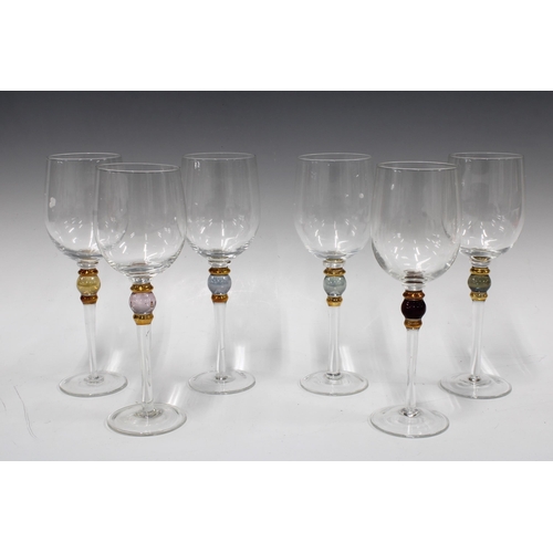 429 - Set of six wine glasses with coloured knop stems, 22cm (6)